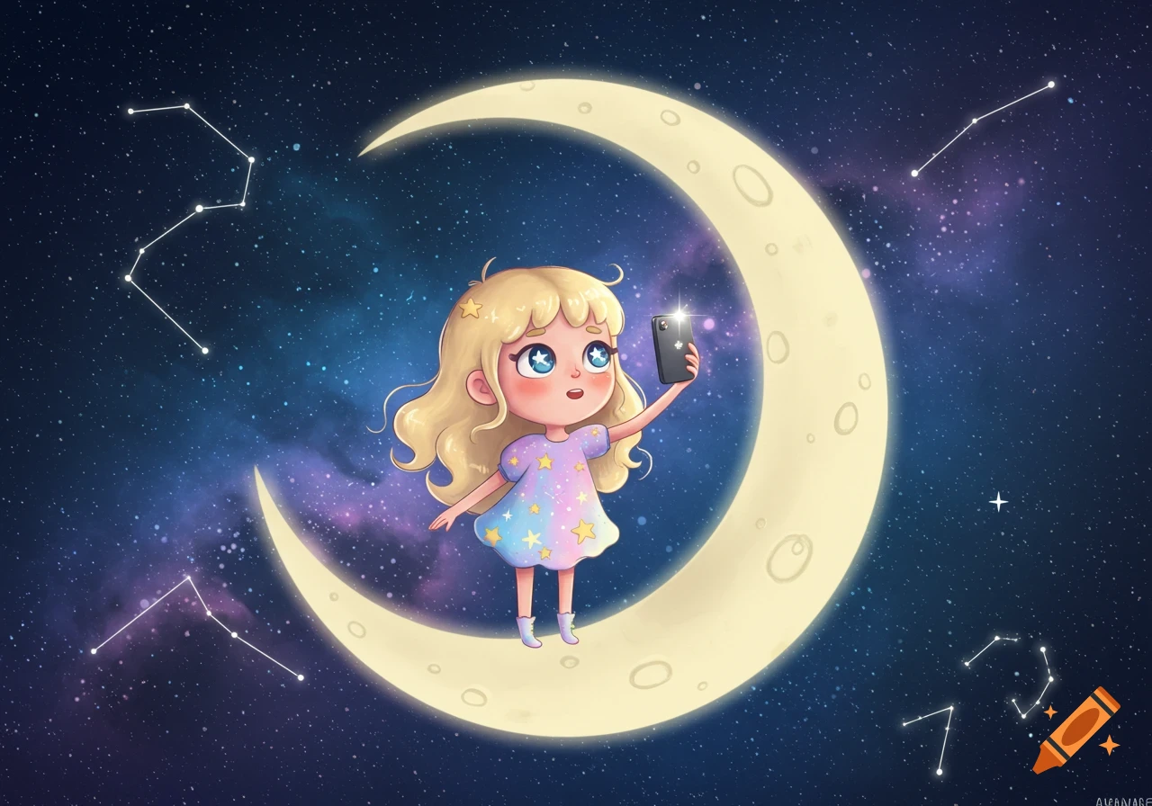 A cartoon blonde girl stands on a crescent moon, taking a selfie with her phone against a starry night sky with constellations.