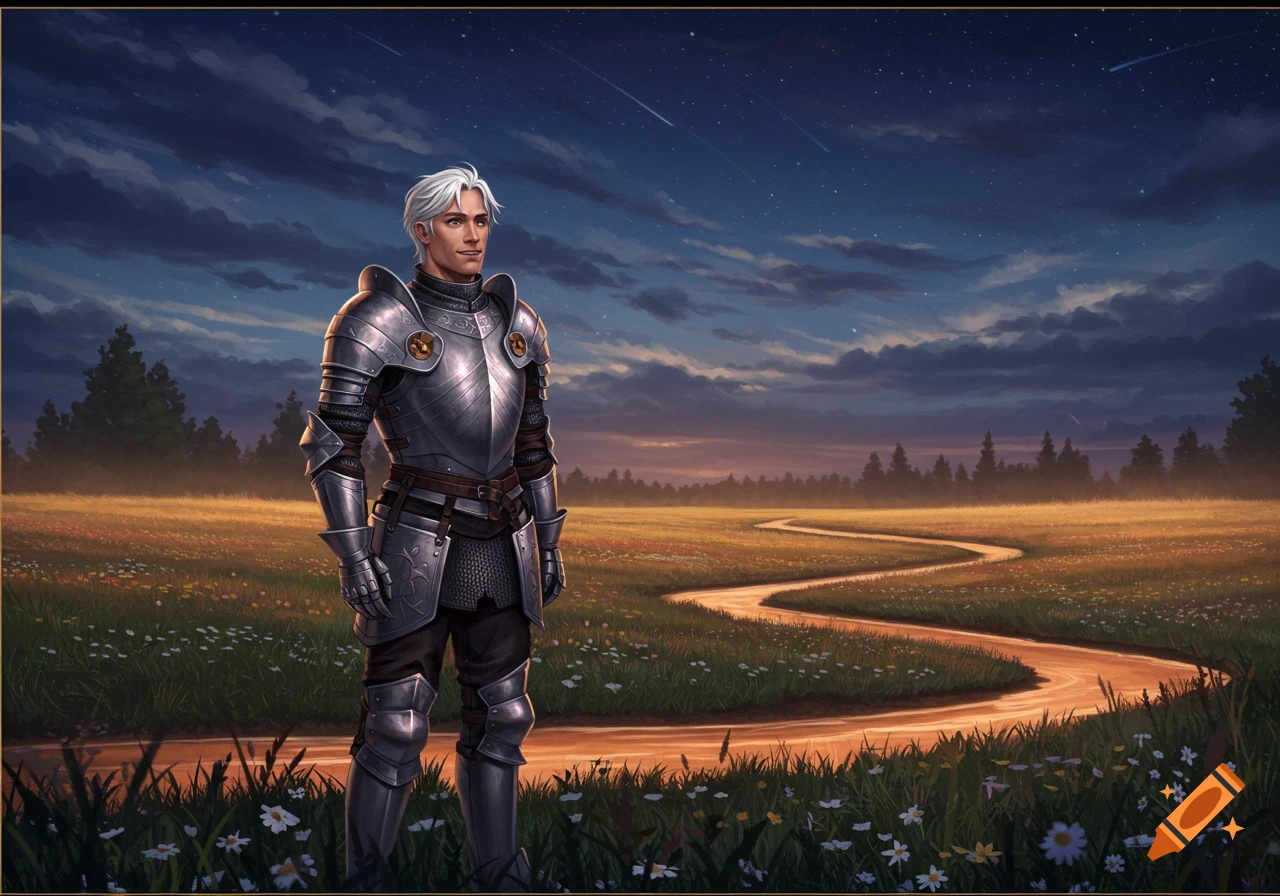 A silver-armored knight with white hair stands in a wildflower field with a winding path under a twilight sky.