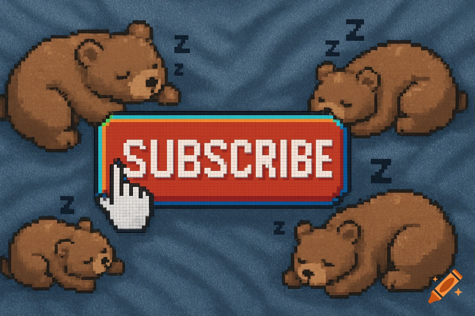 Pixel art of a red 'SUBSCRIBE' button being clicked by a white cursor, surrounded by four sleeping brown bears on a blue background.
