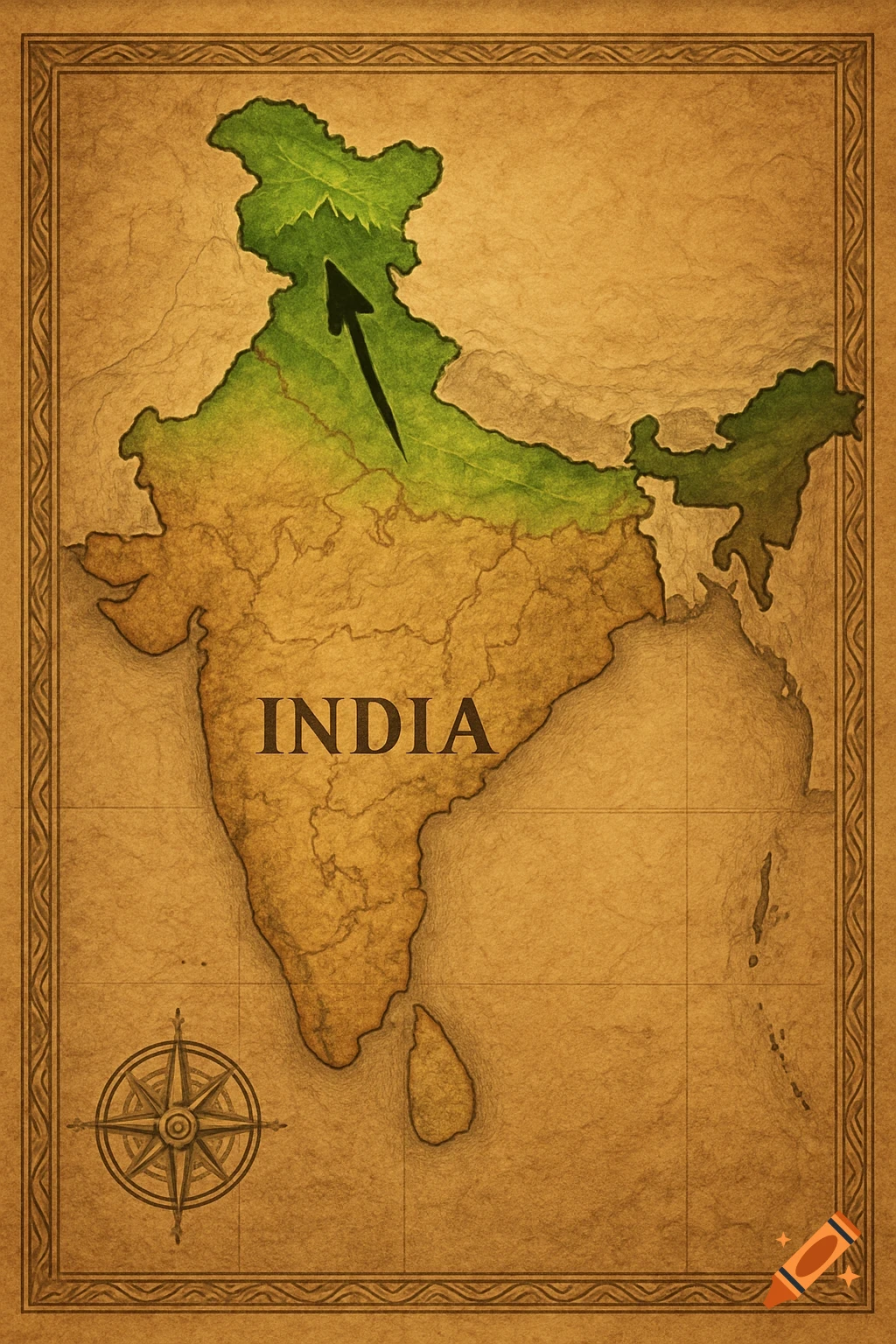 Vintage map of India on textured paper, with an arrow pointing north and a compass rose.