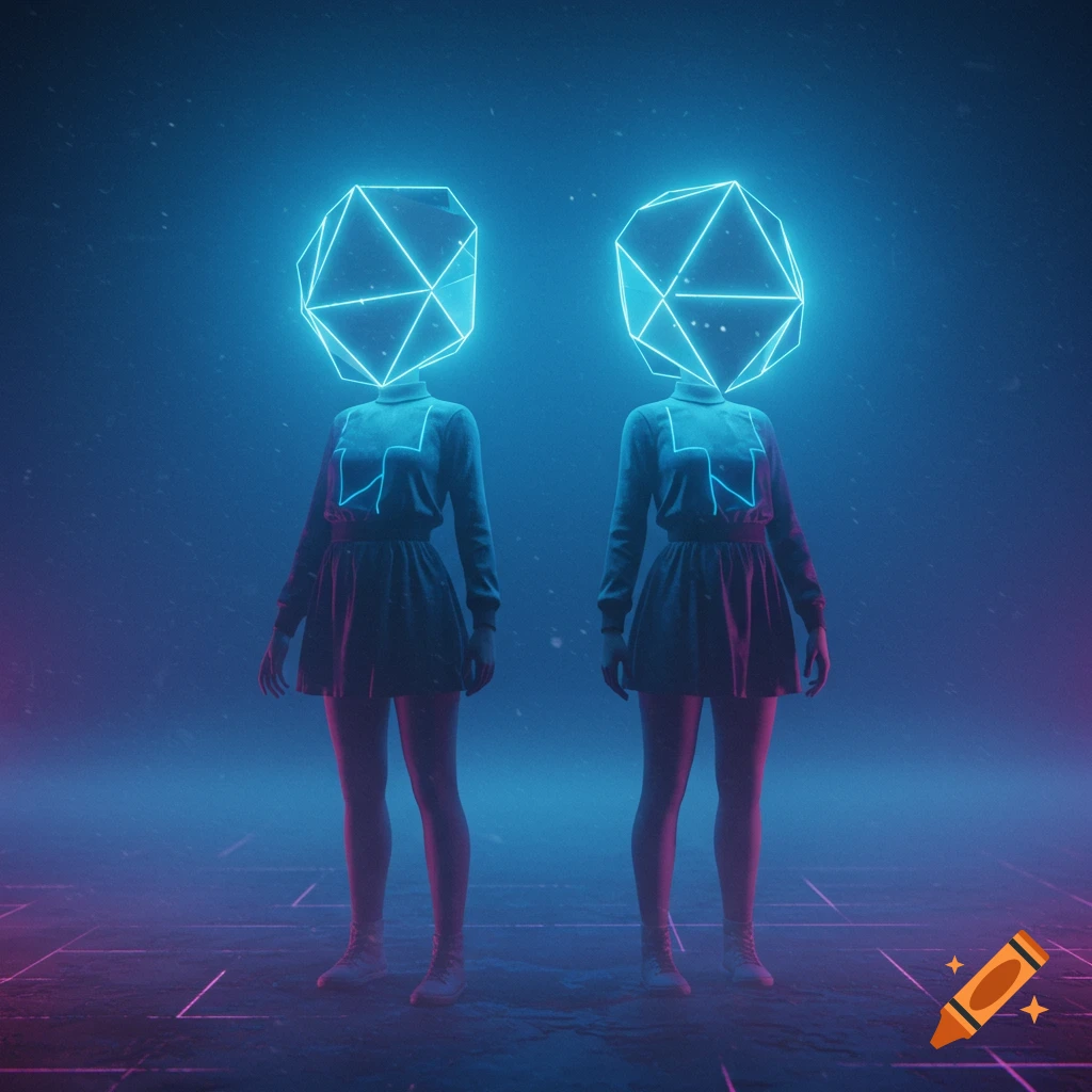 Two figures with glowing blue dodecahedron heads stand in a dark, neon-lit, foggy futuristic setting.