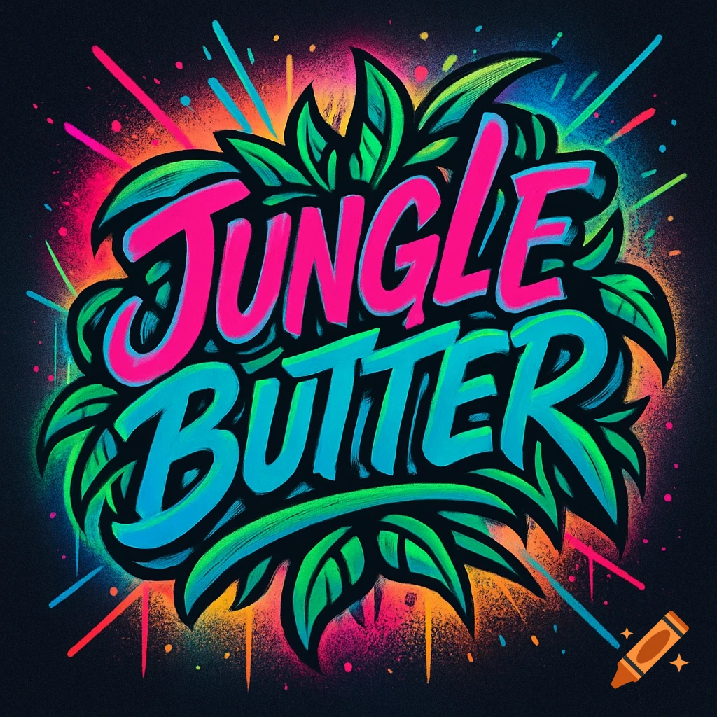 Neon pink and blue graffiti text 'Jungle Butter' surrounded by green leaves and vibrant paint splatters on a black background.