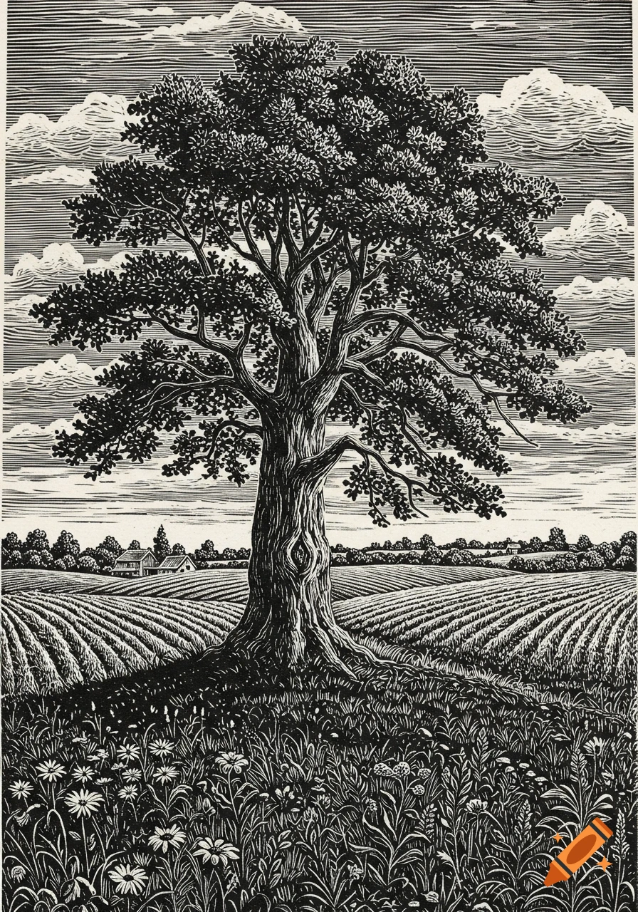 A black and white woodcut of a large tree in a grassy field, with a farmhouse and cultivated fields in the background under a cloudy sky.