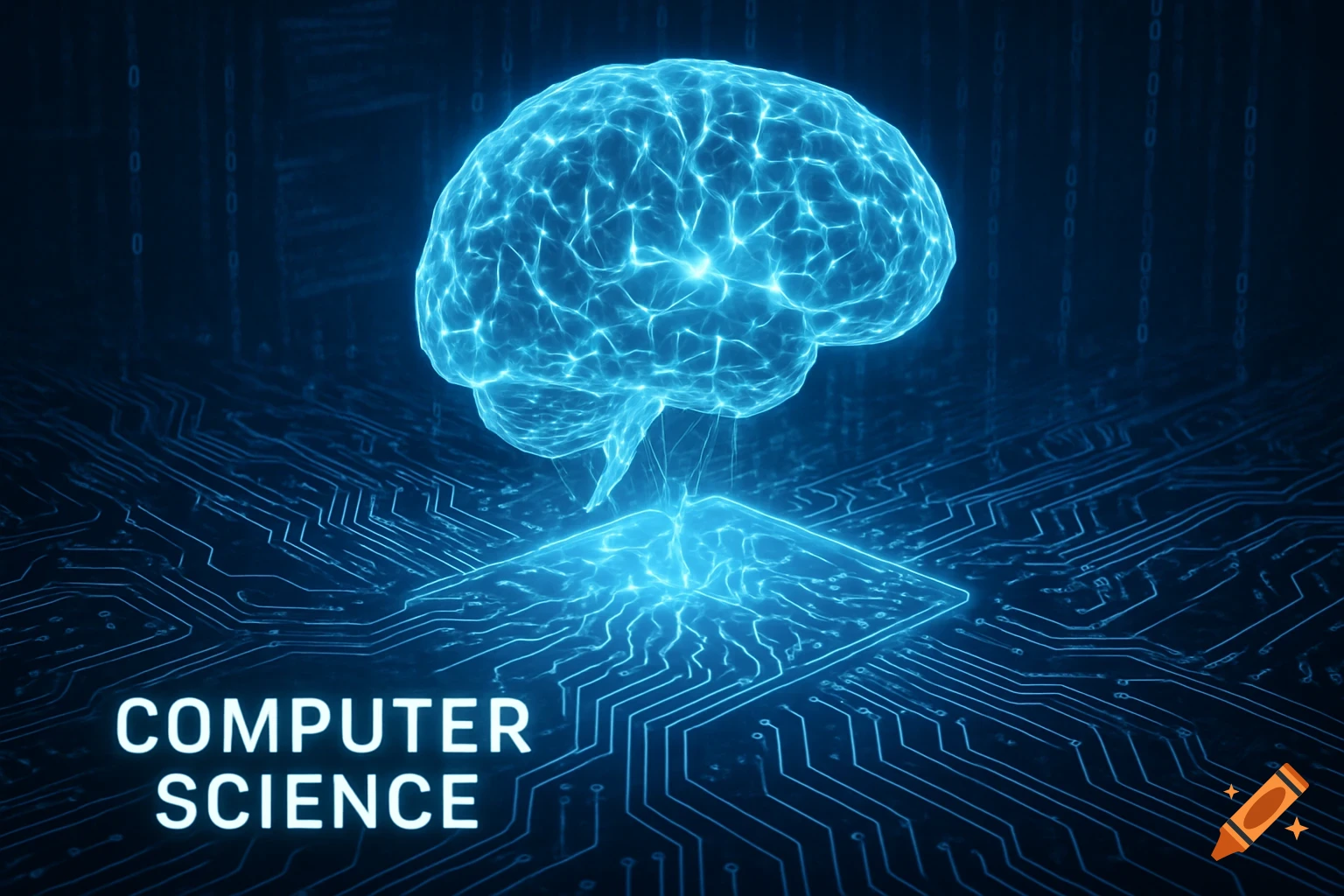 Glowing blue brain on a circuit board, with 'COMPUTER SCIENCE' text, in ...