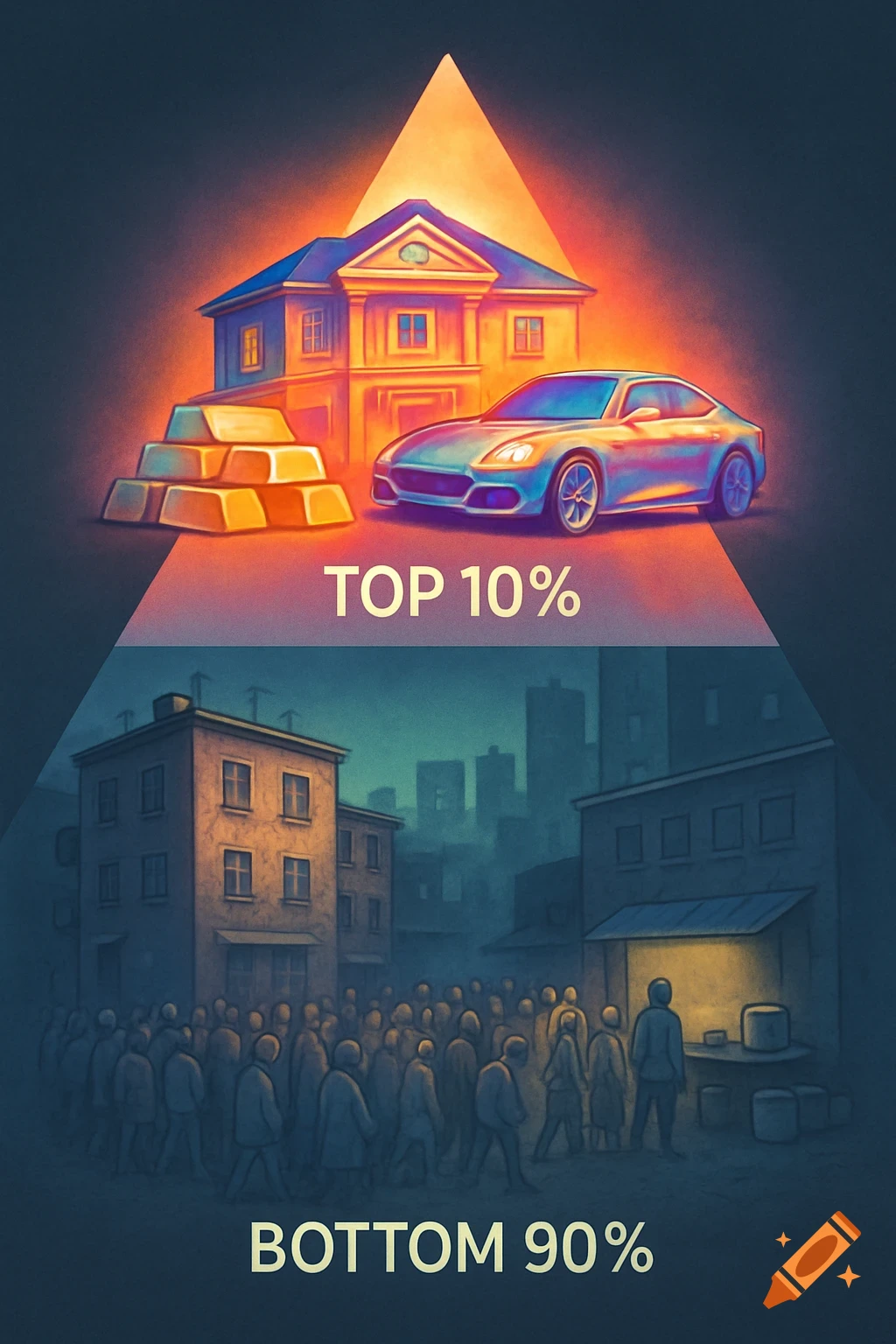 An infographic illustrating wealth inequality, with the top 10% showing a mansion, car, and gold, and the bottom 90% showing crowded streets and small apartments.
