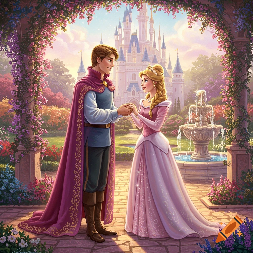 A prince and princess holding hands in an enchanted garden with a fountain and a grand castle in the background.