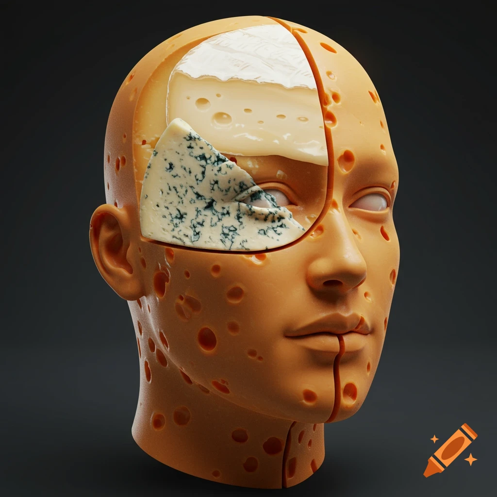 A surreal 3D render of a human head made of Swiss cheese, with the top and side sliced open to reveal blue cheese and brie inside.