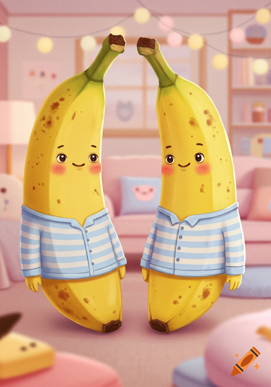 Two cute cartoon bananas in blue striped pajamas with blushing cheeks and smiling faces, in a cozy pastel room.
