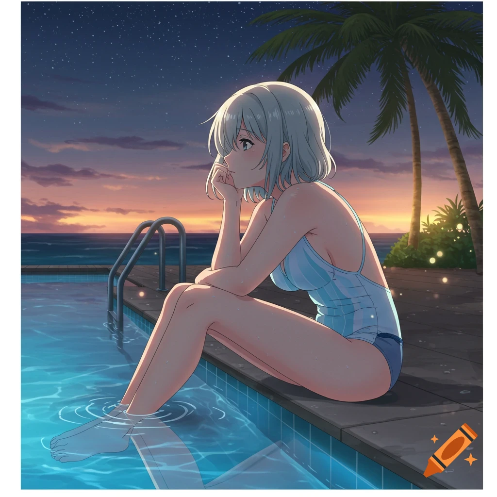 Anime girl in a swimsuit sitting on a pool edge at sunset, her feet in the water, with palm trees.