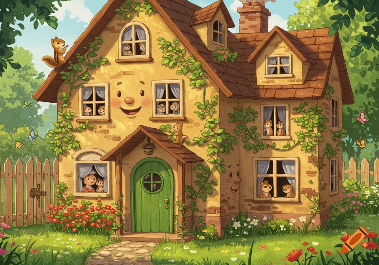 Whimsical cartoon house with a smiling face, surrounded by a garden with chipmunks, children, and butterflies.