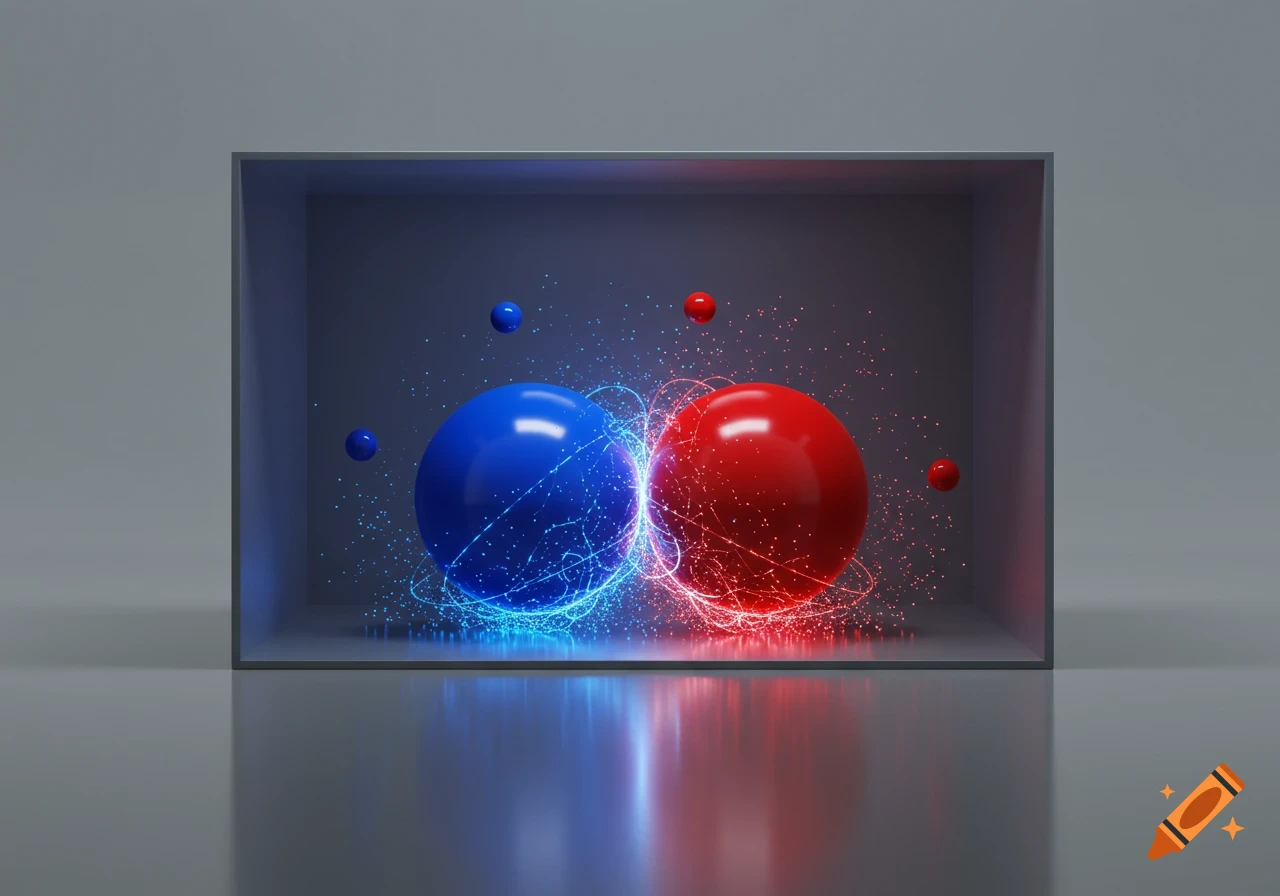 Abstract 3D render of a glossy blue sphere and a red sphere surrounded by glowing particles, contained within a grey box.