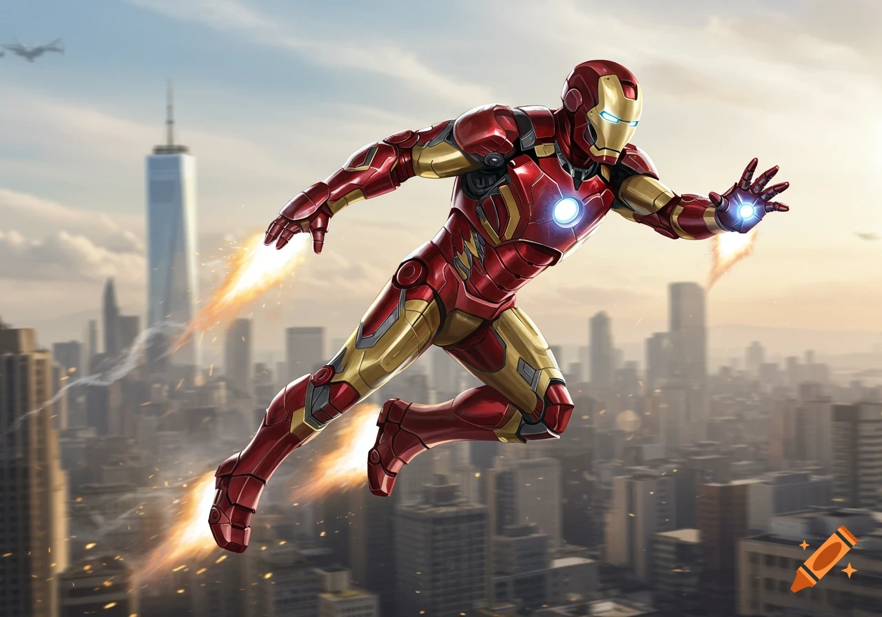 Iron Man in his red and gold suit flies over a modern city skyline with glowing repulsors and jets, viewed from a side angle.