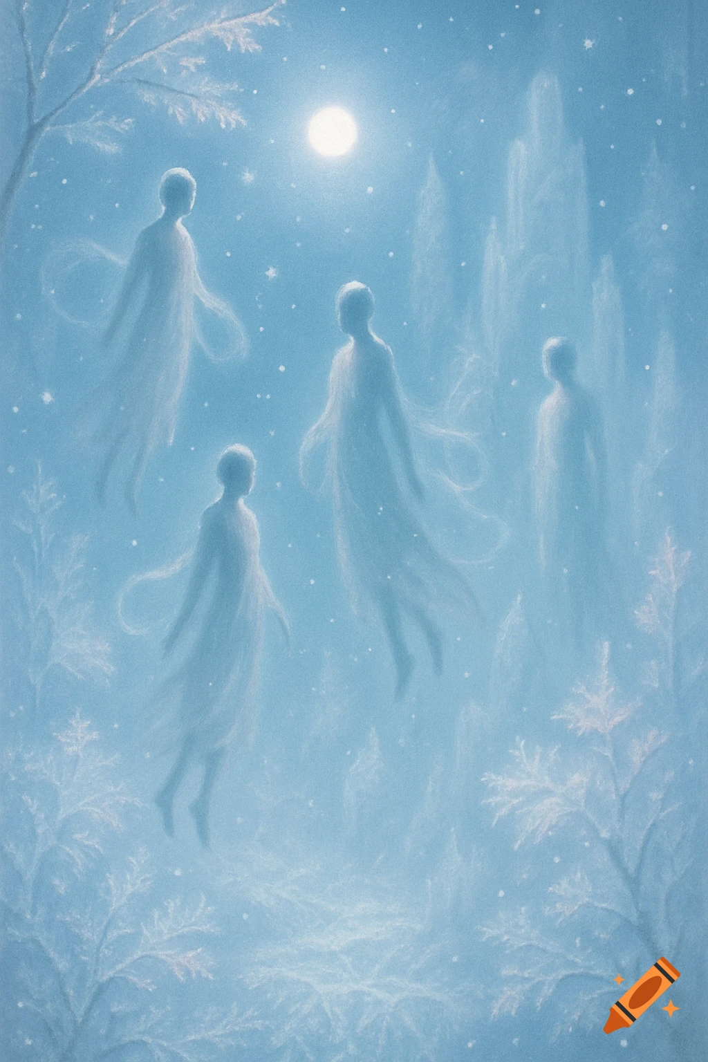 Ethereal figures float in a dreamlike, moonlit winter landscape with frosted trees, a surreal painting.