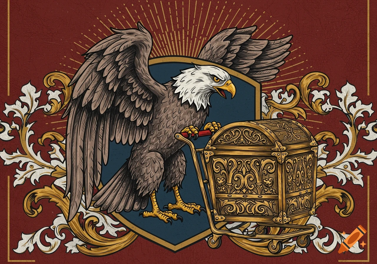 A stylized heraldic illustration of an eagle pushing a shopping cart with an ornate treasure chest.