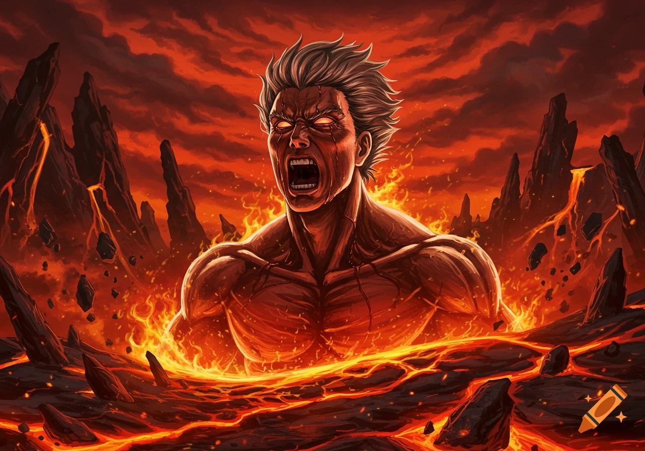 Muscular man with white hair and glowing red eyes screams from a lava river, surrounded by volcanic peaks under a fiery red sky. Digital art.