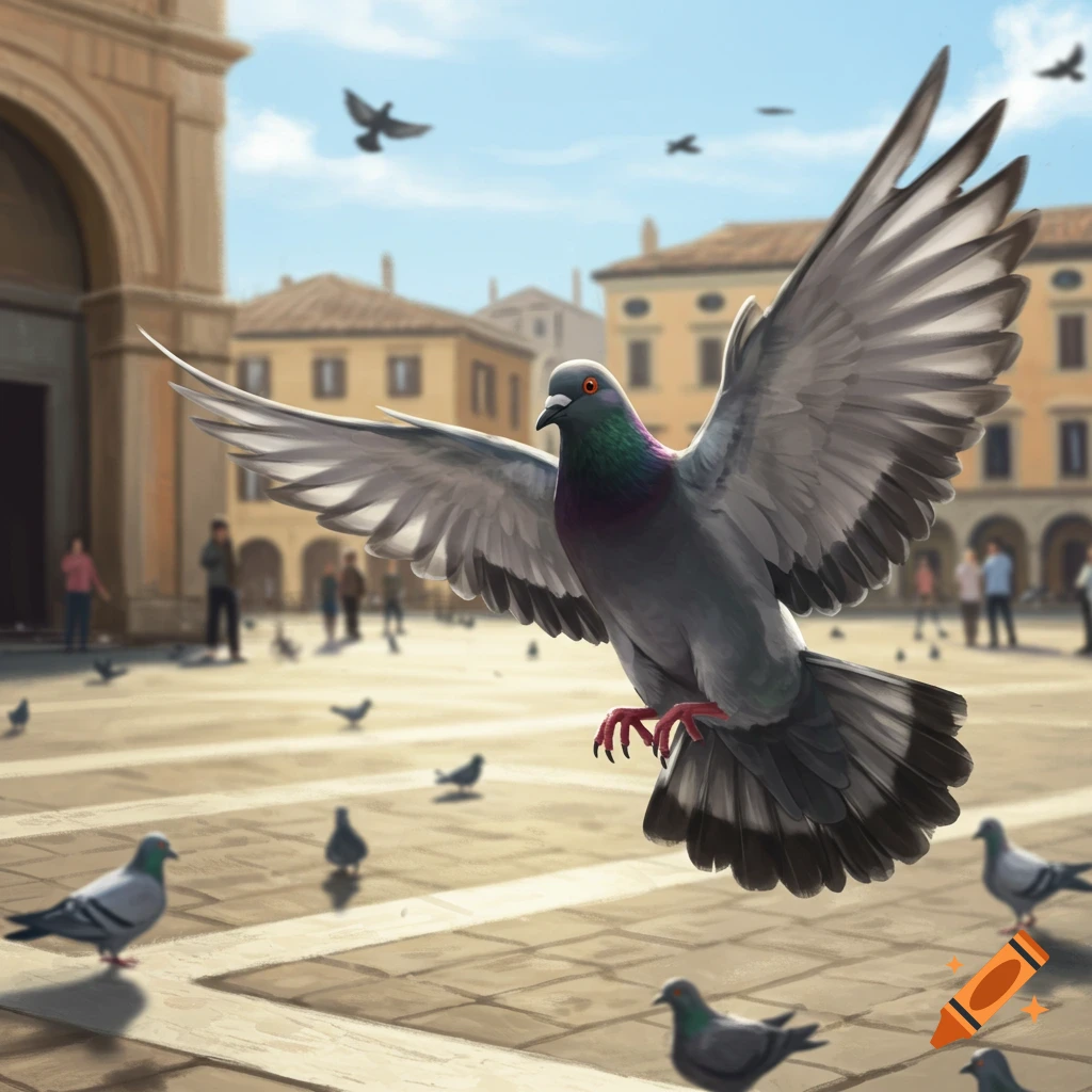 A large grey pigeon with iridescent neck feathers flies over a bustling European town square filled with other pigeons and buildings under a blue sky.