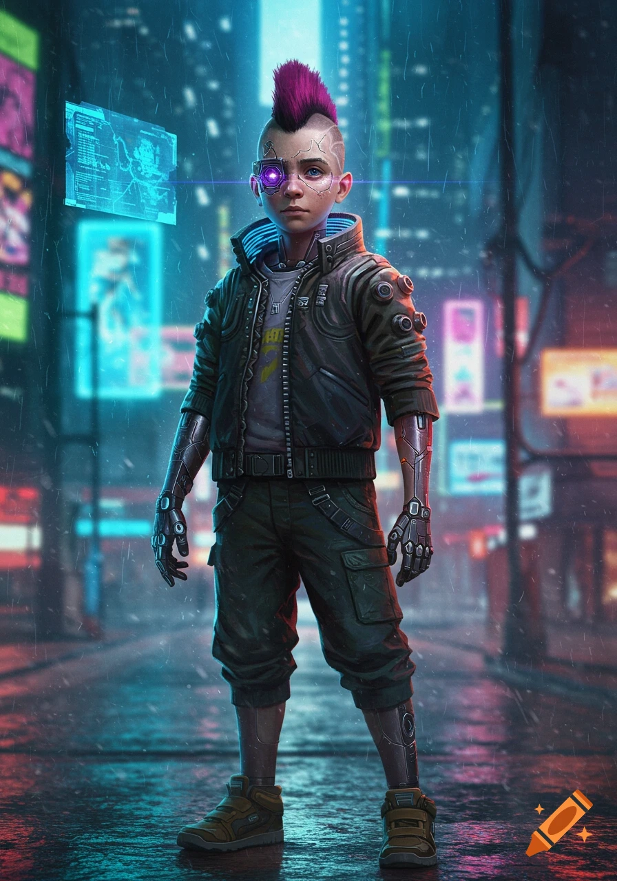 A young boy with a pink mohawk and cybernetic implants stands in a rainy, neon-lit cyberpunk city street.