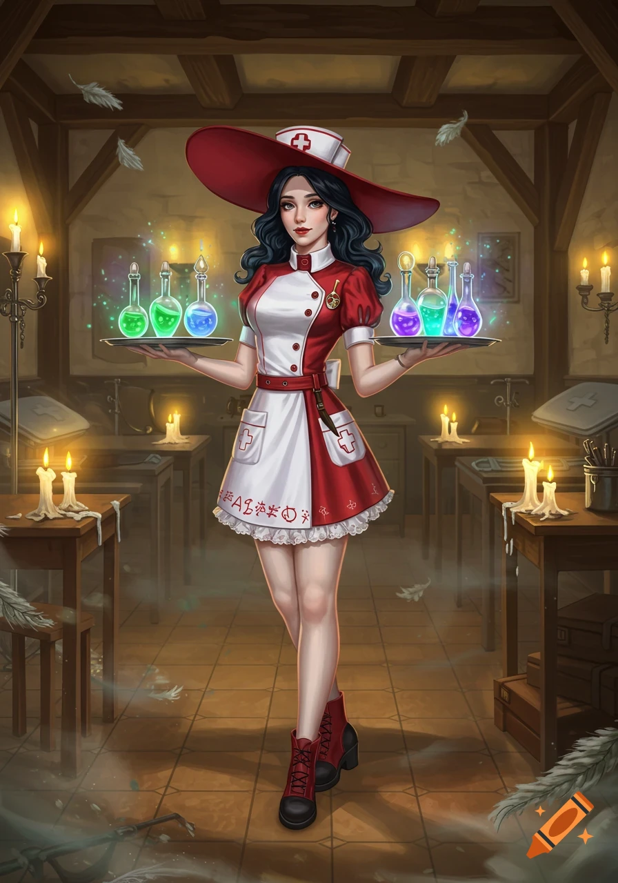 A fantasy illustration of a nurse witch in a red and white uniform holding two trays of glowing potions in a candlelit room.