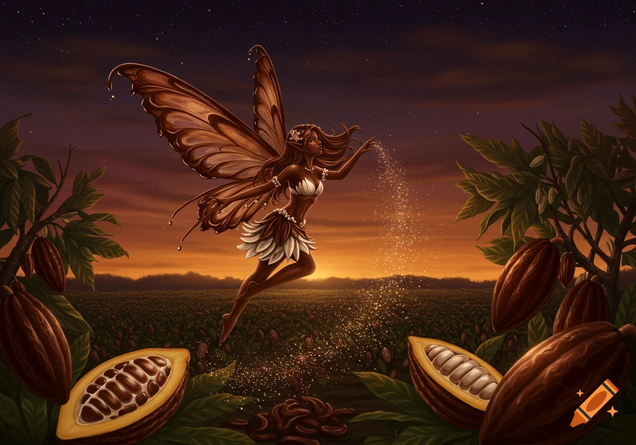 A dark-skinned chocolate fairy with melting chocolate wings flies over a cocoa field at sunset, sprinkling sparkling dust.