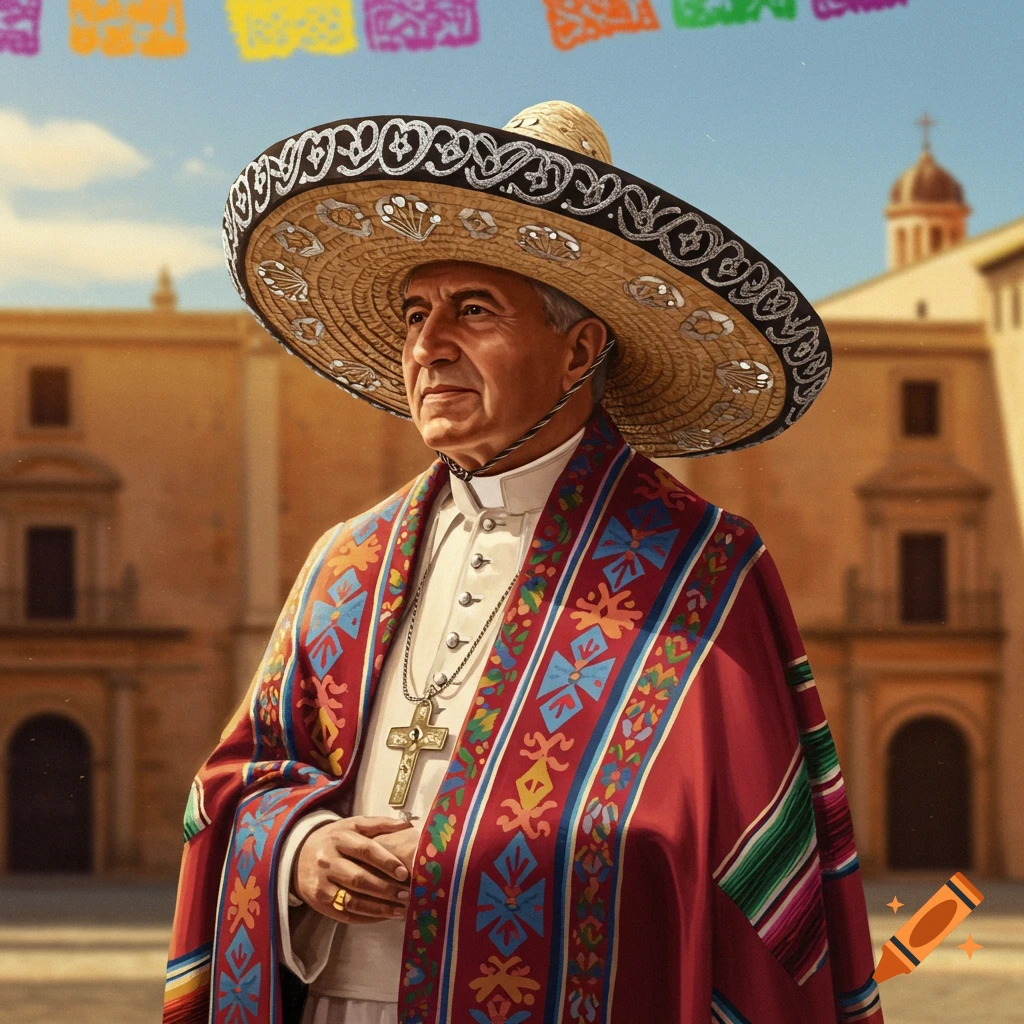 Photorealistic portrait of a pope wearing a sombrero and a colorful serape, standing in a plaza with historic architecture.