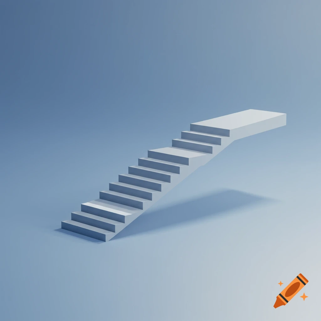 Minimalist white staircase ascending on a light blue background with a shadow.