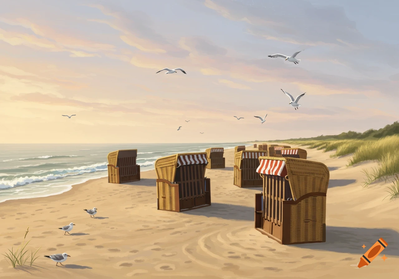 A serene digital painting of a sandy North Sea beach with woven beach chairs and seagulls under a pastel sky.