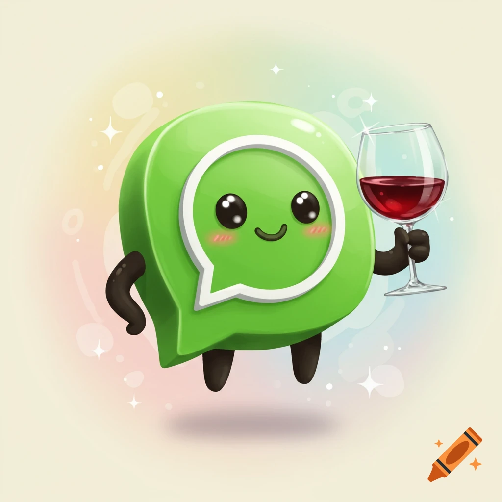 A cute, green, cartoon WhatsApp icon with a happy face, rosy cheeks, and black arms and legs, floats while holding a glass of red wine.