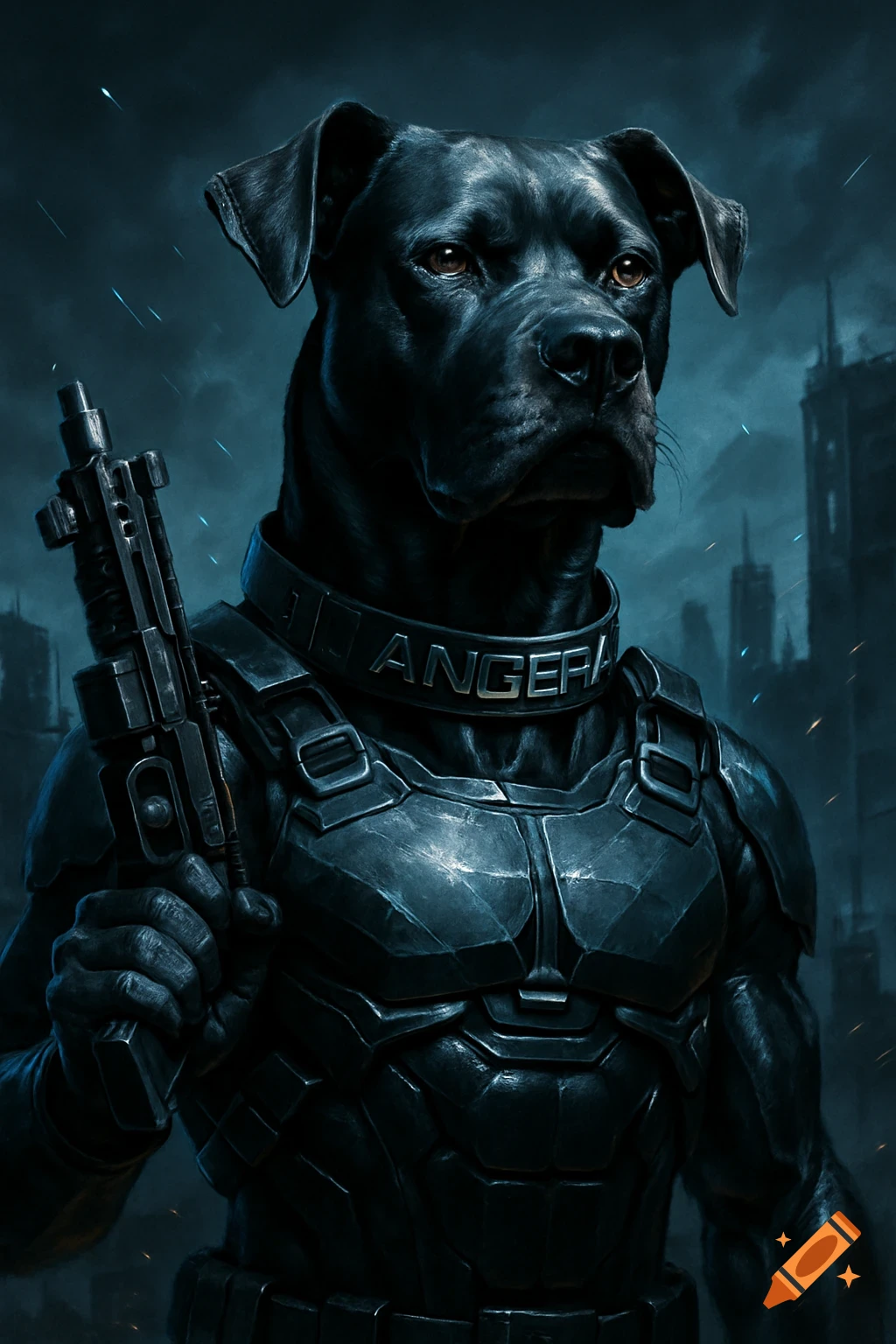 A dark dog in black futuristic armor with a weapon stands against a gloomy city skyline, in a sci-fi, cyberpunk style.