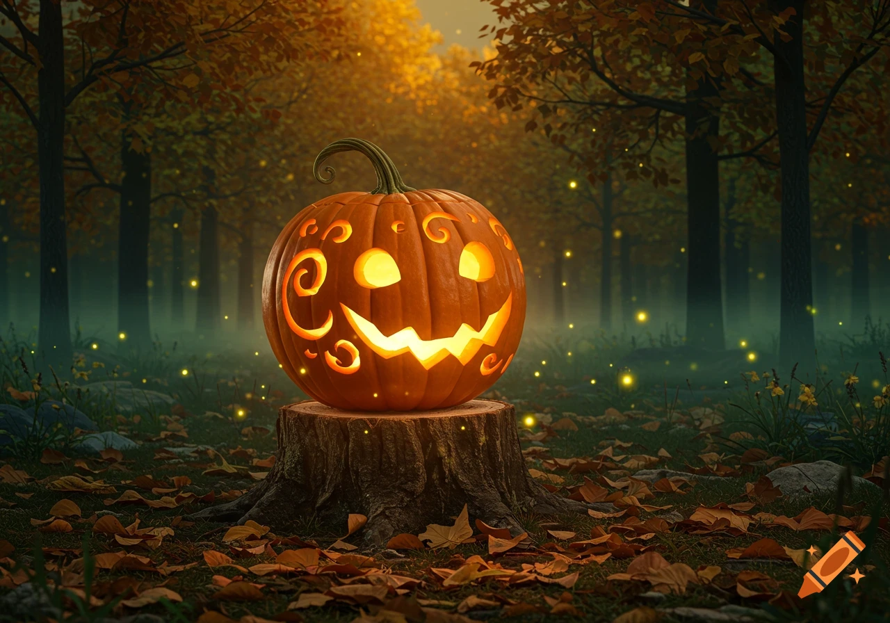 A glowing jack-o'-lantern sits on a tree stump in an autumn forest, surrounded by fallen leaves and sparkling lights.