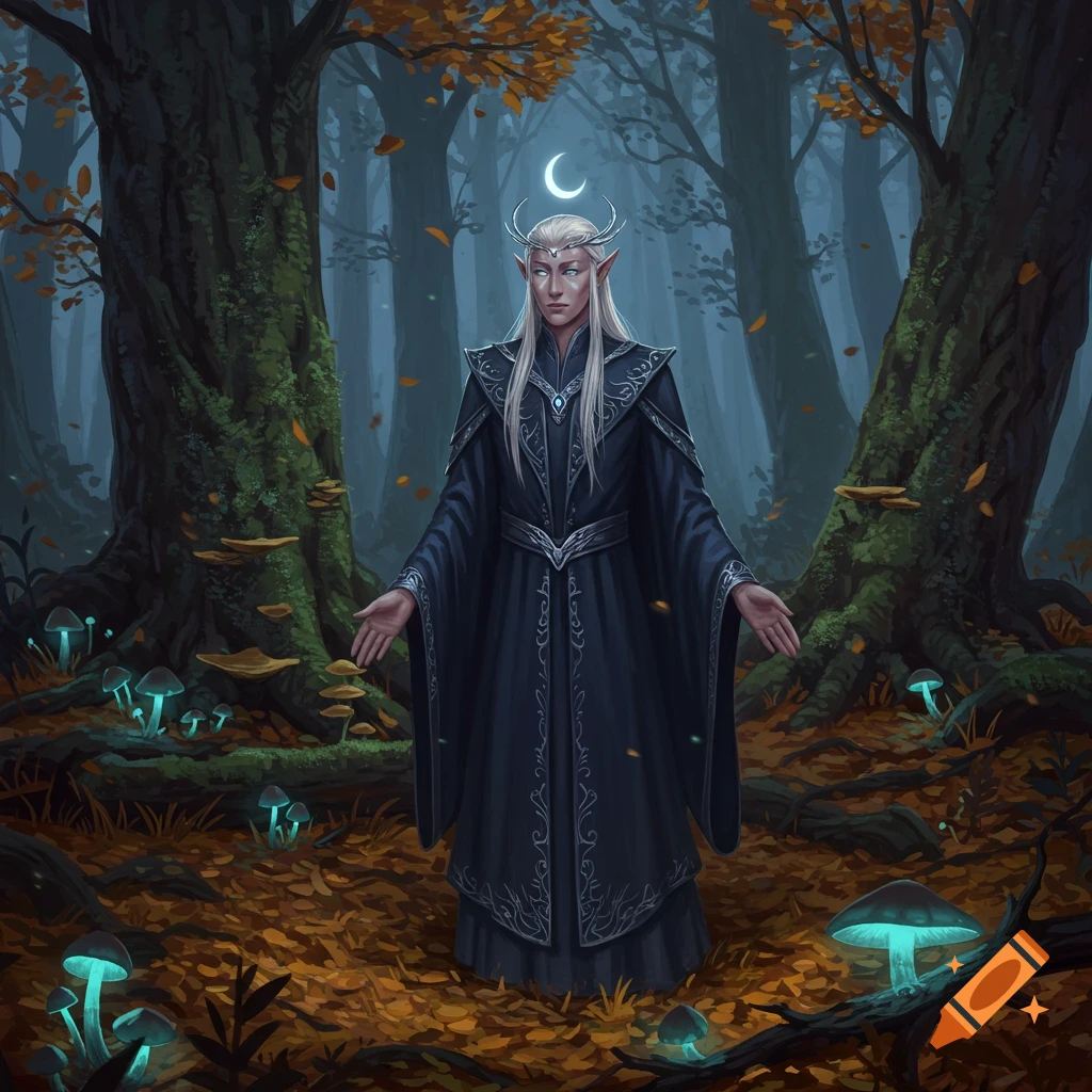 A pale elf with white hair and a crescent crown stands in a mystical dark forest with glowing blue mushrooms.