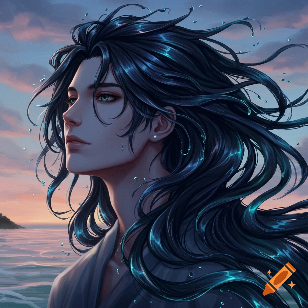 Anime illustration of a pensive character with long, dark, flowing hair with blue-green highlights by the ocean at sunset.