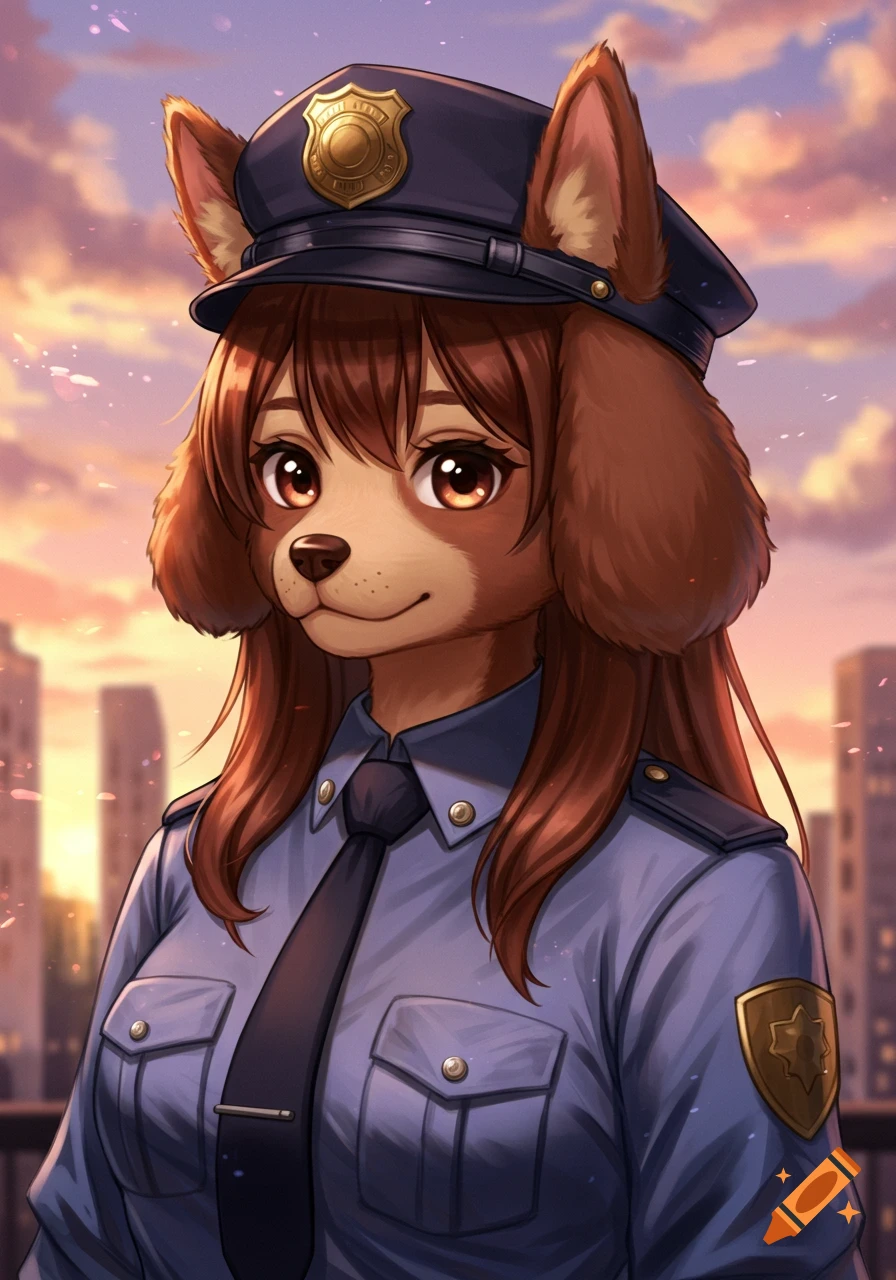 A dog-girl hybrid with brown hair and ears, wearing a police uniform, in a shoujo-style bust shot against a city sunset.