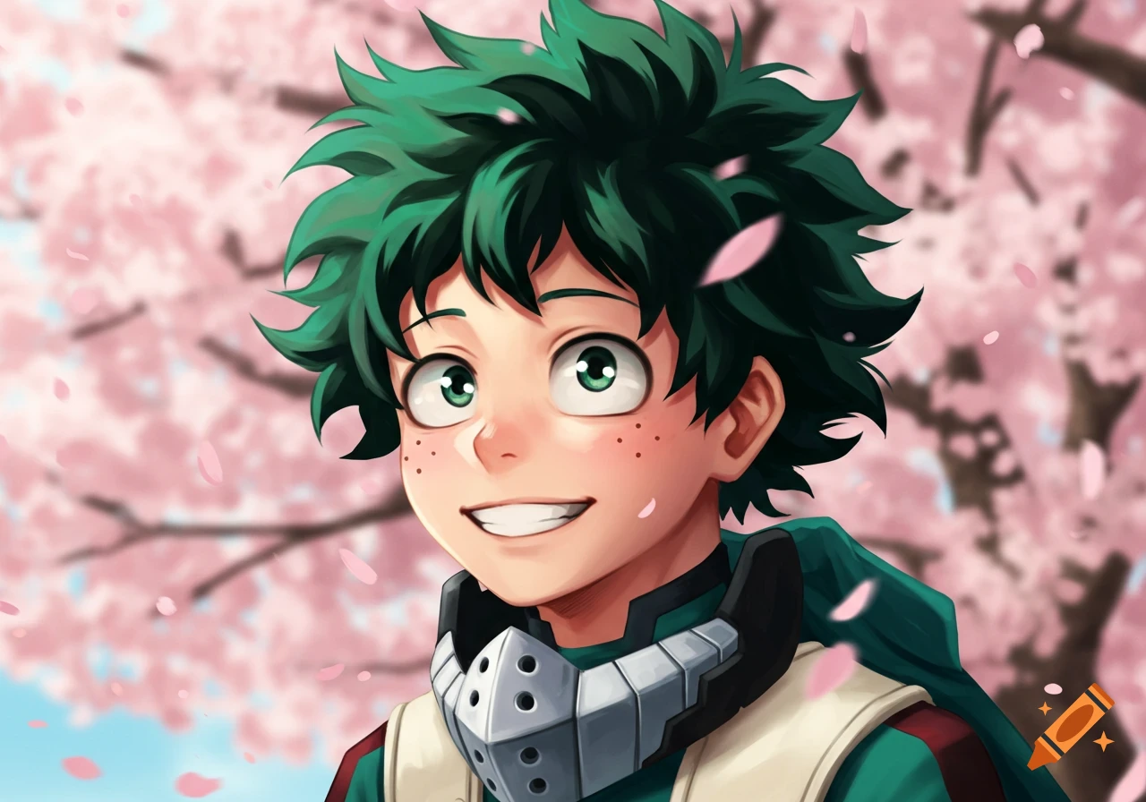 Close-up of anime character Izuku Midoriya with green hair, freckles, and a gentle smile, against a soft pink cherry blossom background.
