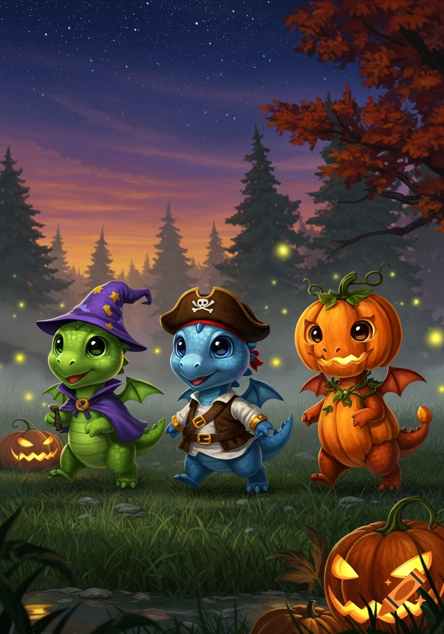 Cute baby dragons in wizard, pirate, and pumpkin Halloween costumes walk through a spooky forest at night with glowing pumpkins and fireflies.