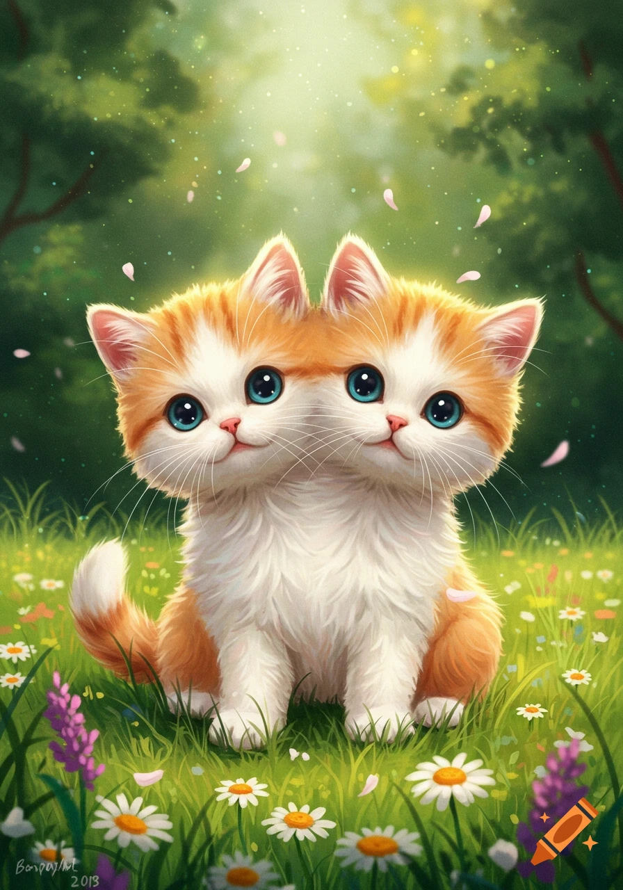 A whimsical illustration of a fluffy orange and white two-headed kitten with big blue eyes sitting in a vibrant, sunlit meadow among wildflowers and green trees.
