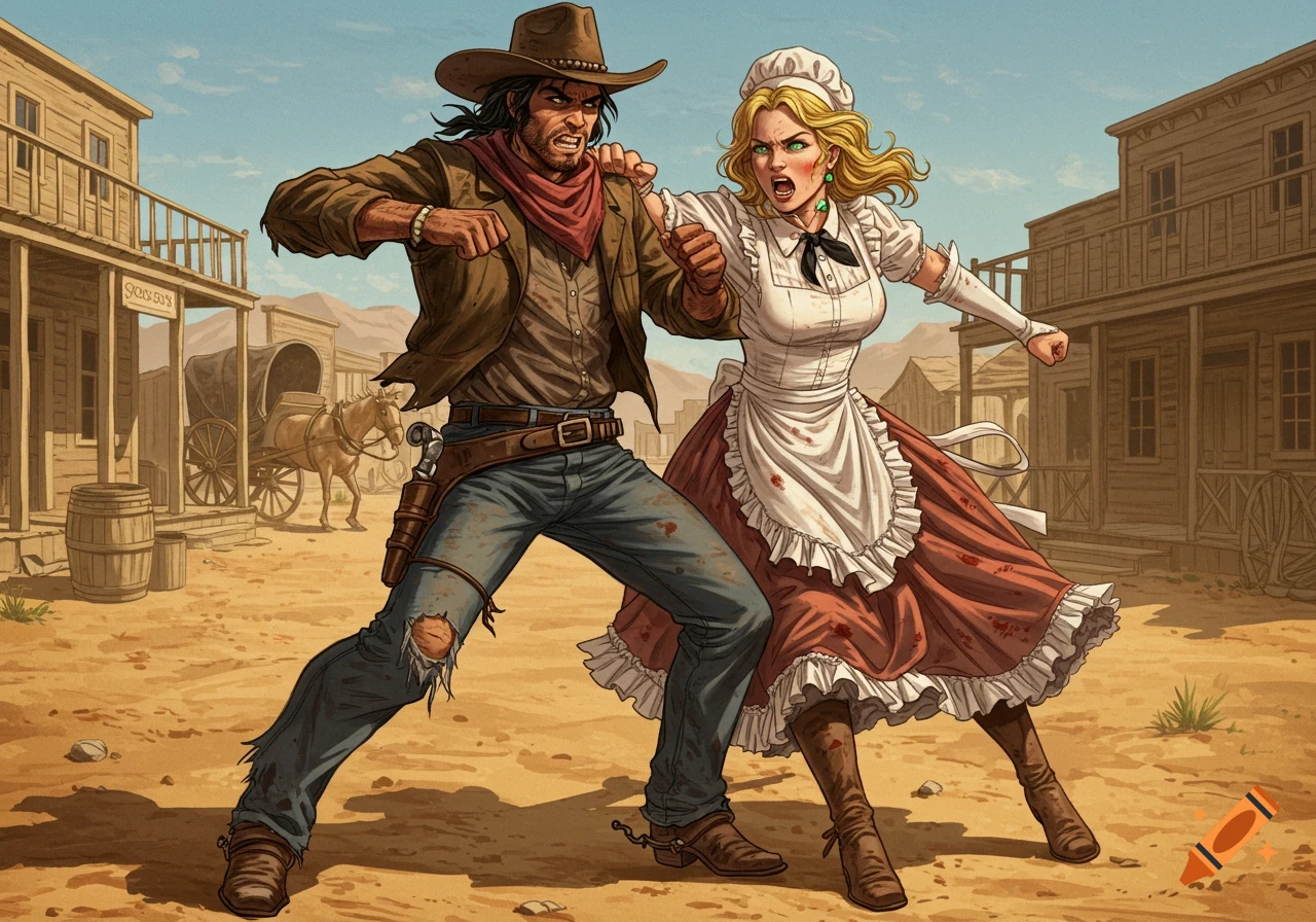 A stylized illustration of an angry cowboy and a blonde woman in a maid's outfit fighting fiercely in a dusty Western town street.