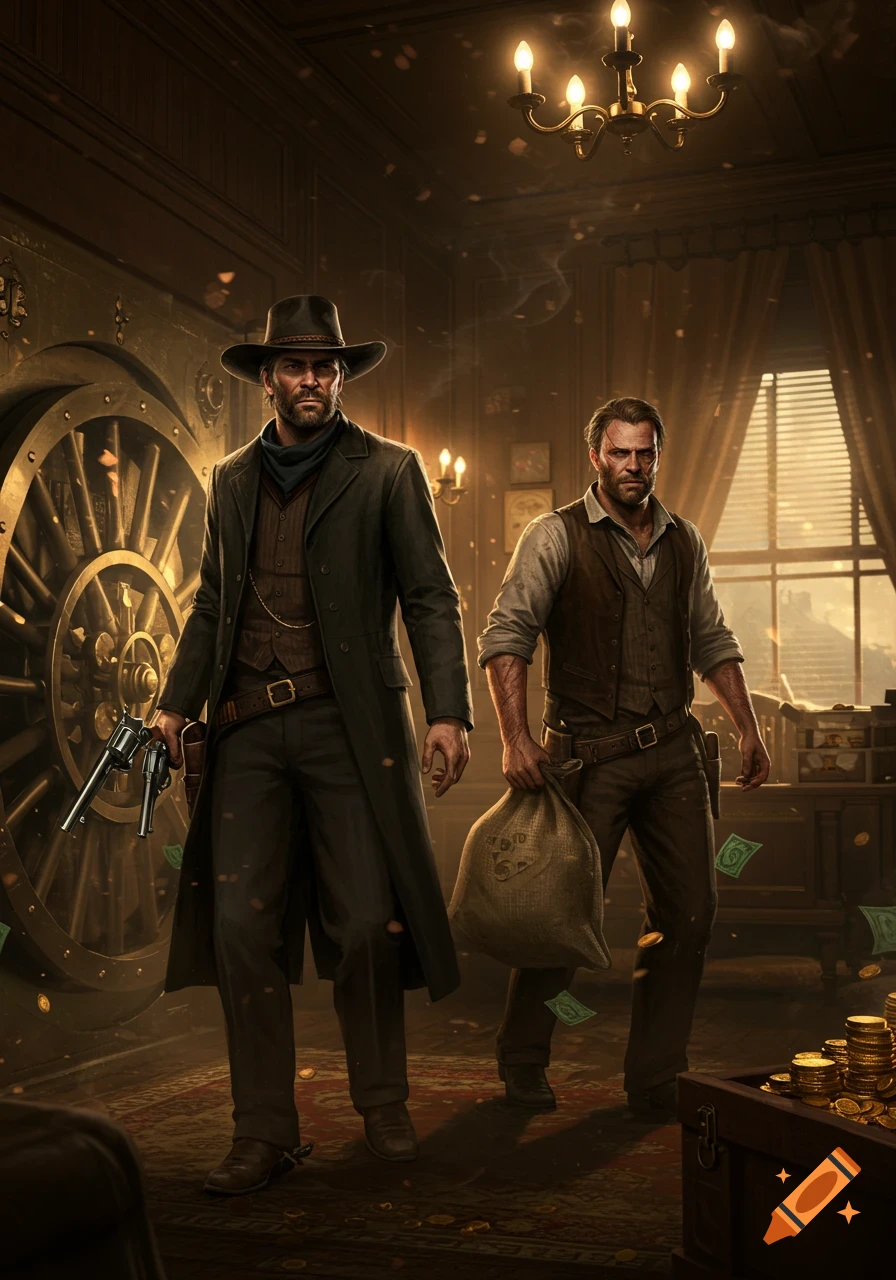 Two Western outlaws, one with a gun and the other with a money bag, stand in a dimly lit bank vault filled with gold and cash.