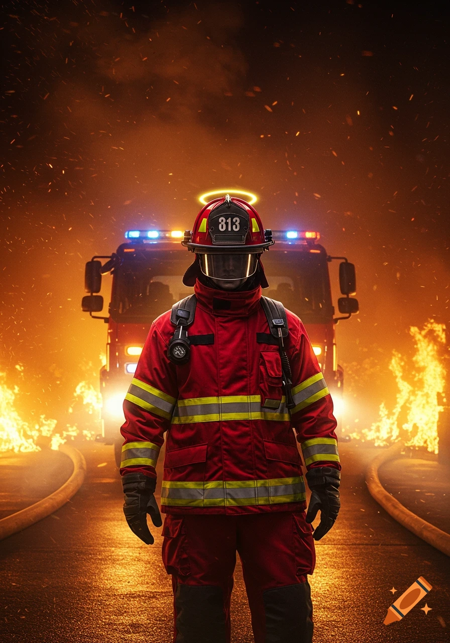A heroic firefighter with a glowing halo on their helmet stands in a burning scene, with a fire truck and flames in the background. Photorealistic style.