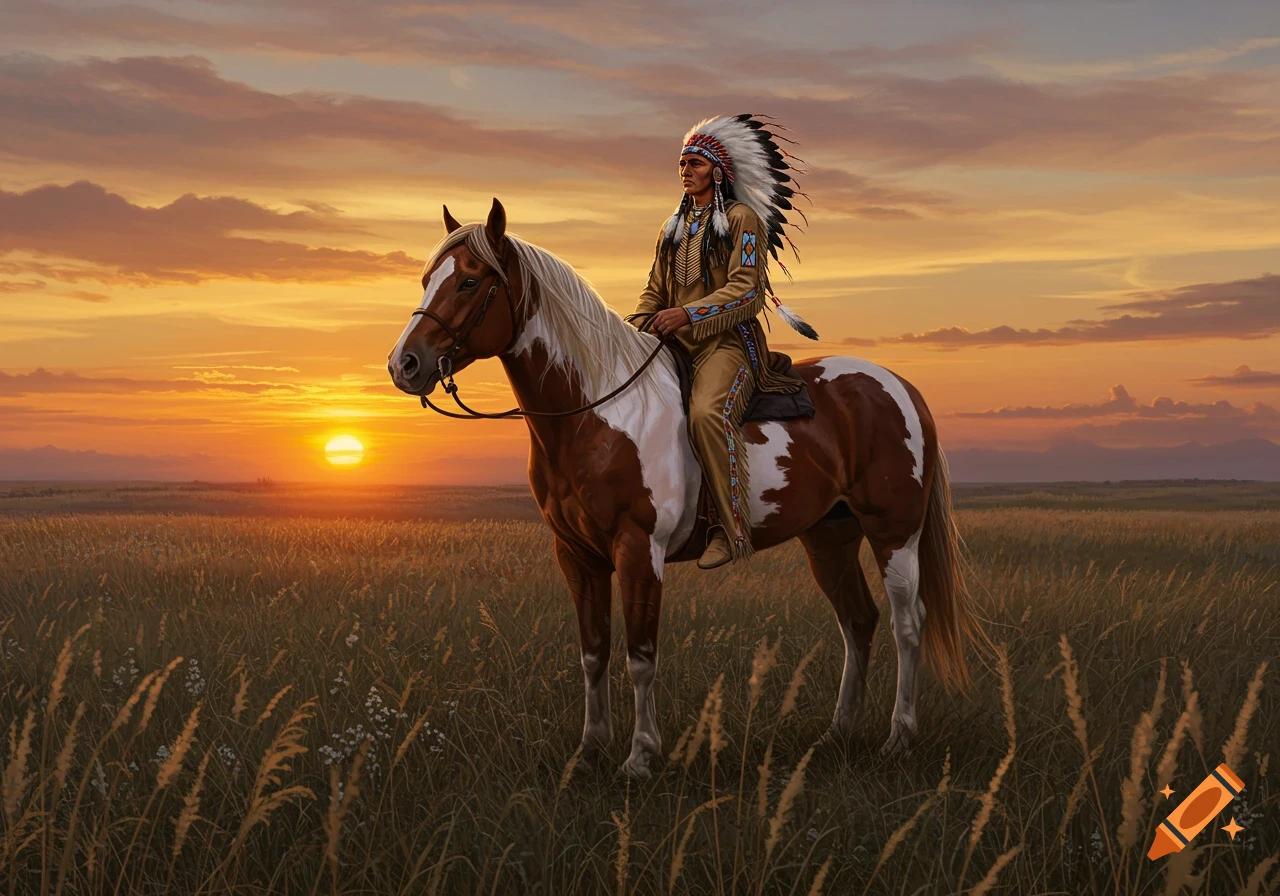 A Native American man in a feathered headdress on a paint horse in a grassy field at sunset, digital painting.