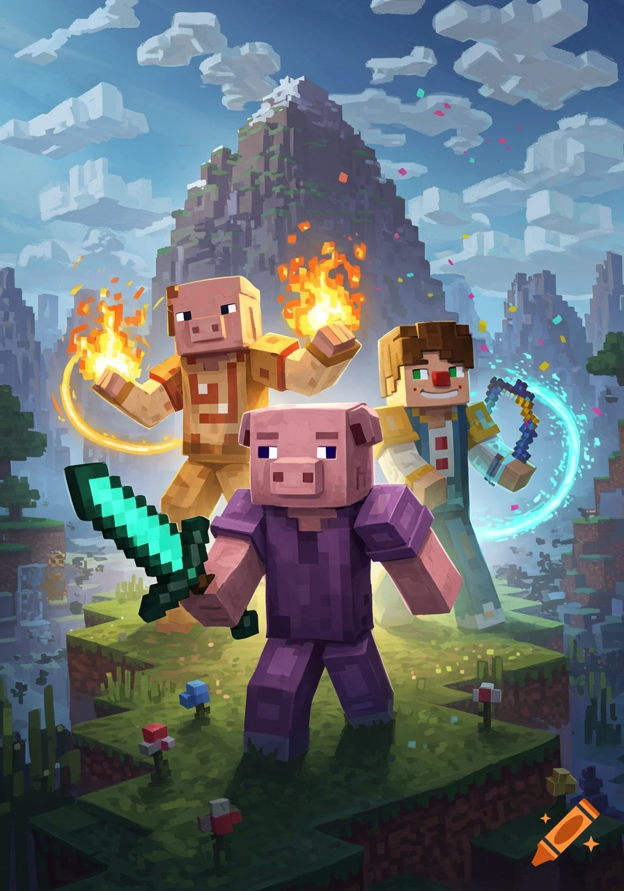 Three blocky, Minecraft-style characters, two pig-like and one human, hold a diamond sword, fire, and a blue aura in a blocky landscape.