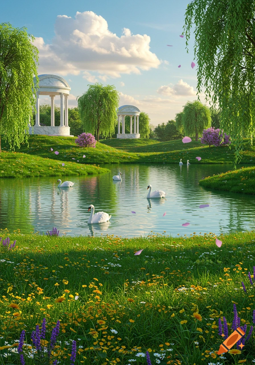 A picturesque garden landscape with swans on a pond, weeping willows, colorful flowers, and white gazebos under a blue sky.