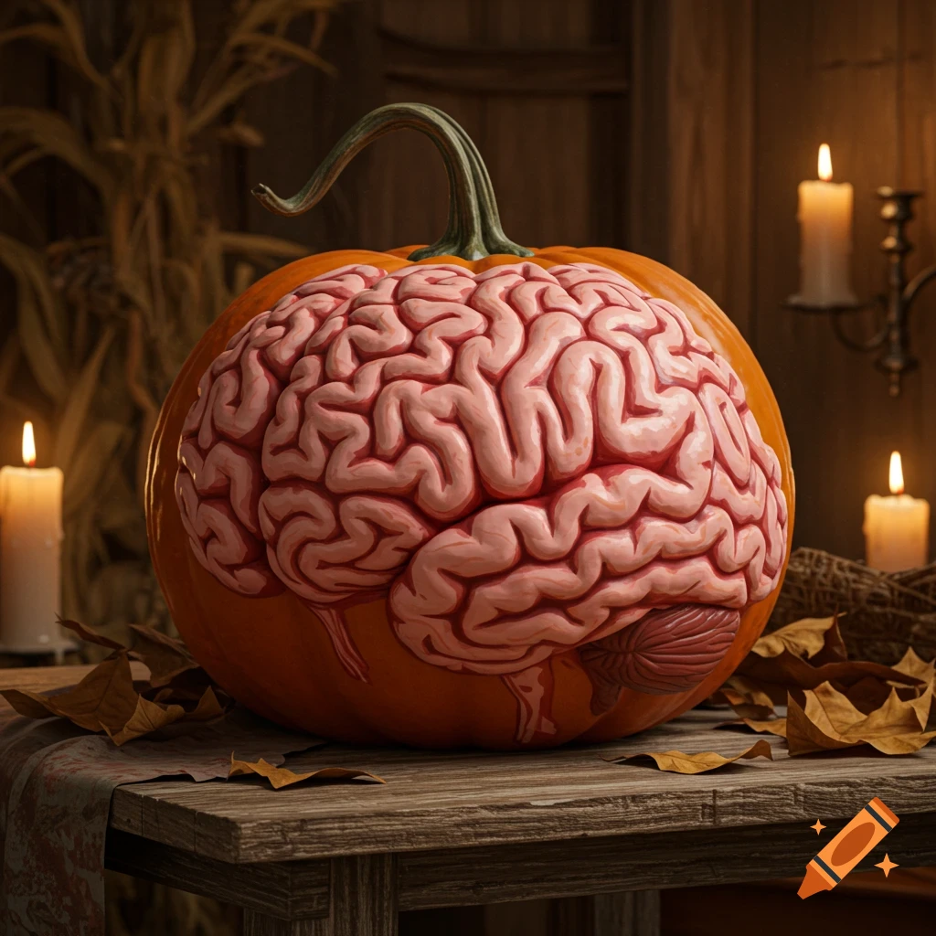 A photorealistic Halloween pumpkin carved to look like a human brain, sitting on a wooden table with autumn leaves and lit candles.