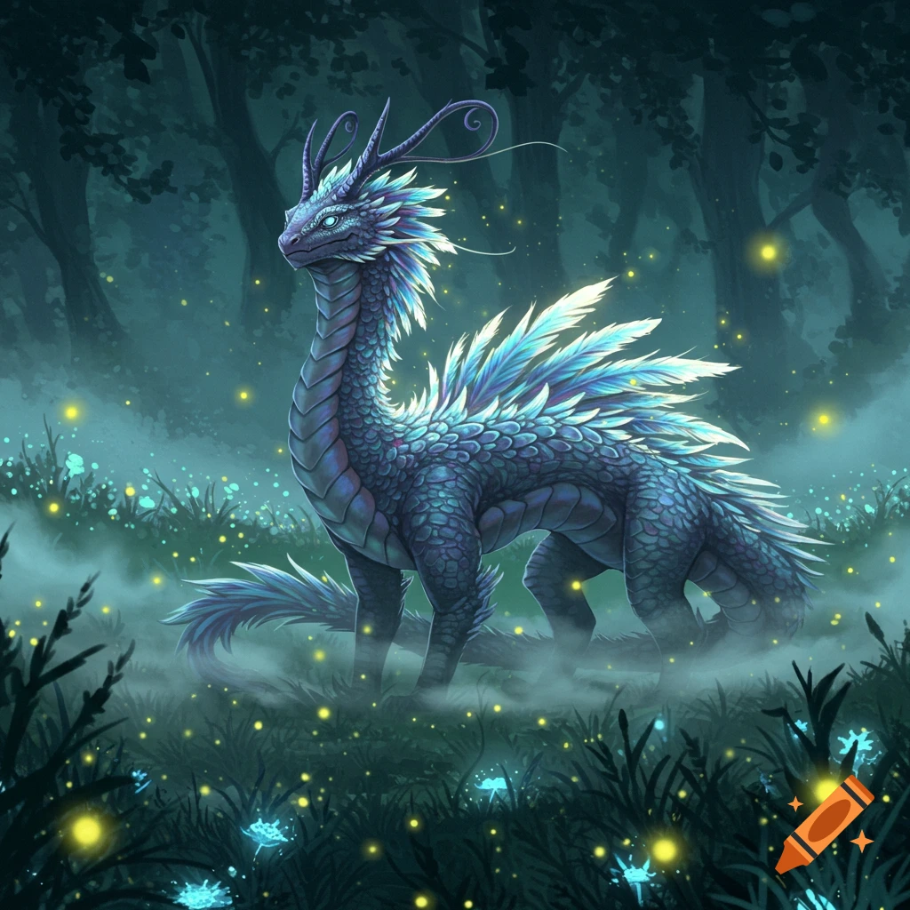 A mythical blue dragon-like creature with white feathers stands in a misty, dark fantasy forest with glowing plants and fireflies. Digital art.