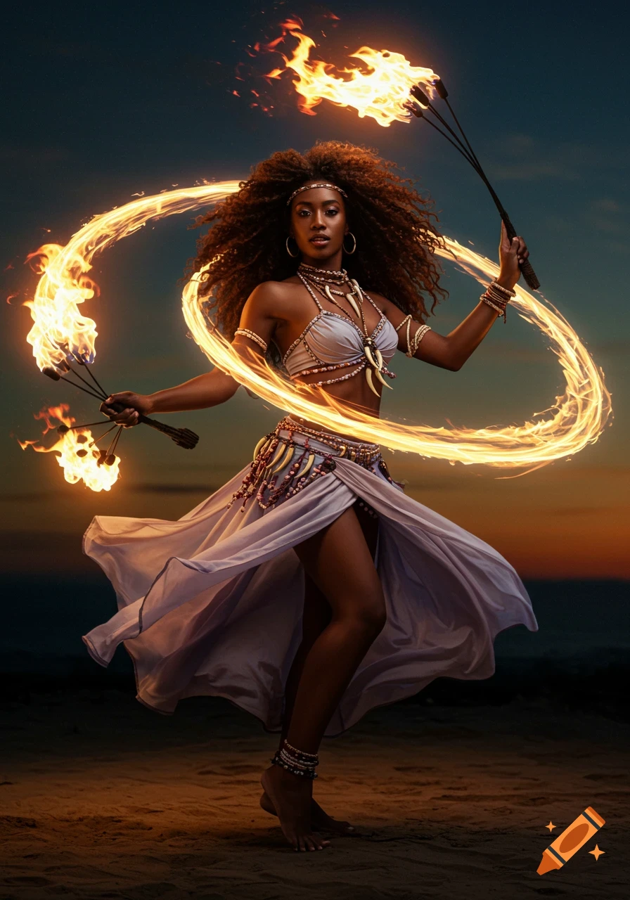 Photorealistic image of a Black female fire poi dancer in tribal attire, spinning flaming poi at dusk on a sandy ground.