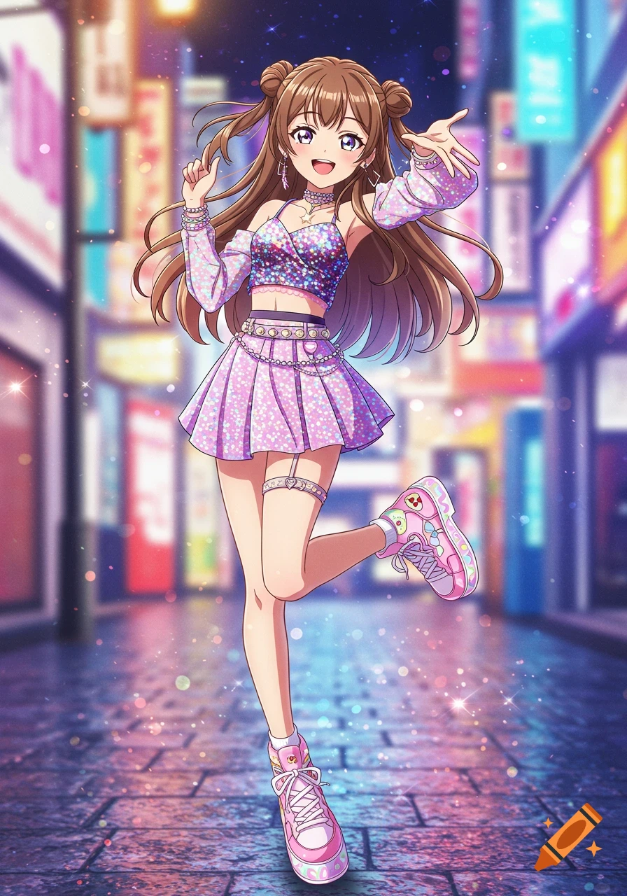 Anime girl with brown space buns, sparkly crop top and skirt, and pink sneakers, posing on a vibrant city street.