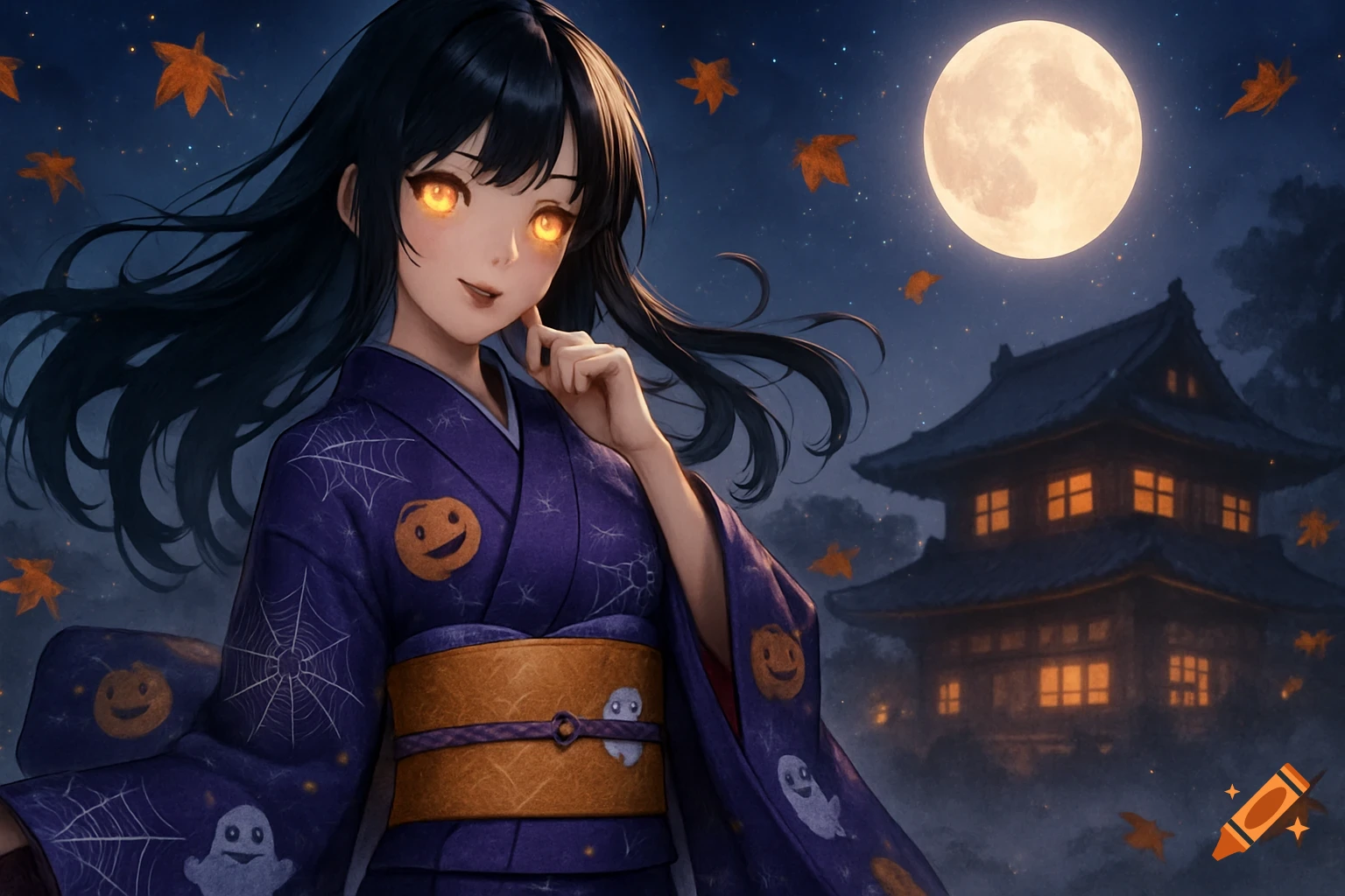 Anime girl in a purple Halloween kimono with glowing orange eyes, under a full moon with autumn leaves and a Japanese building.