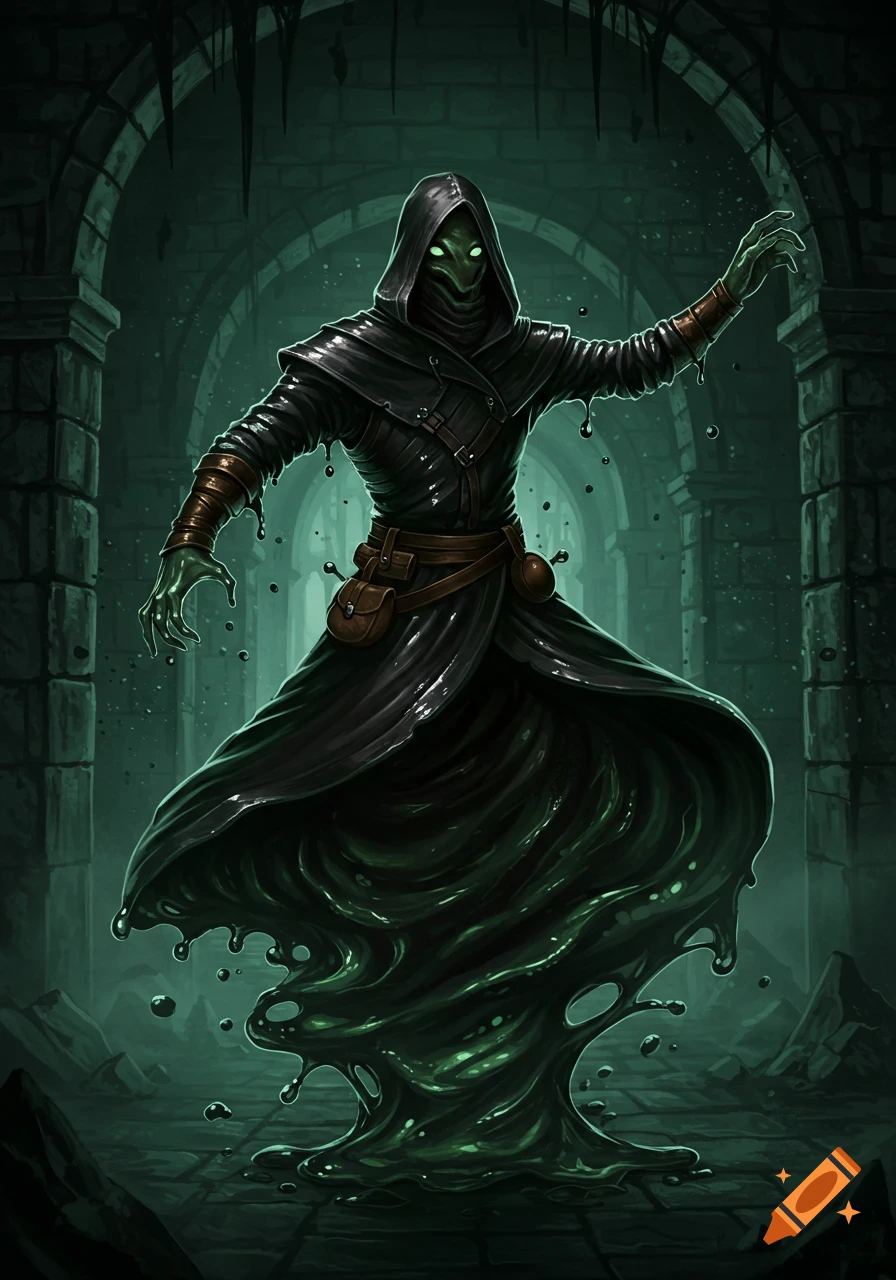 Dark fantasy illustration of a robed, hooded ooze creature with glowing green eyes and slimy green hands, in a gloomy dungeon.