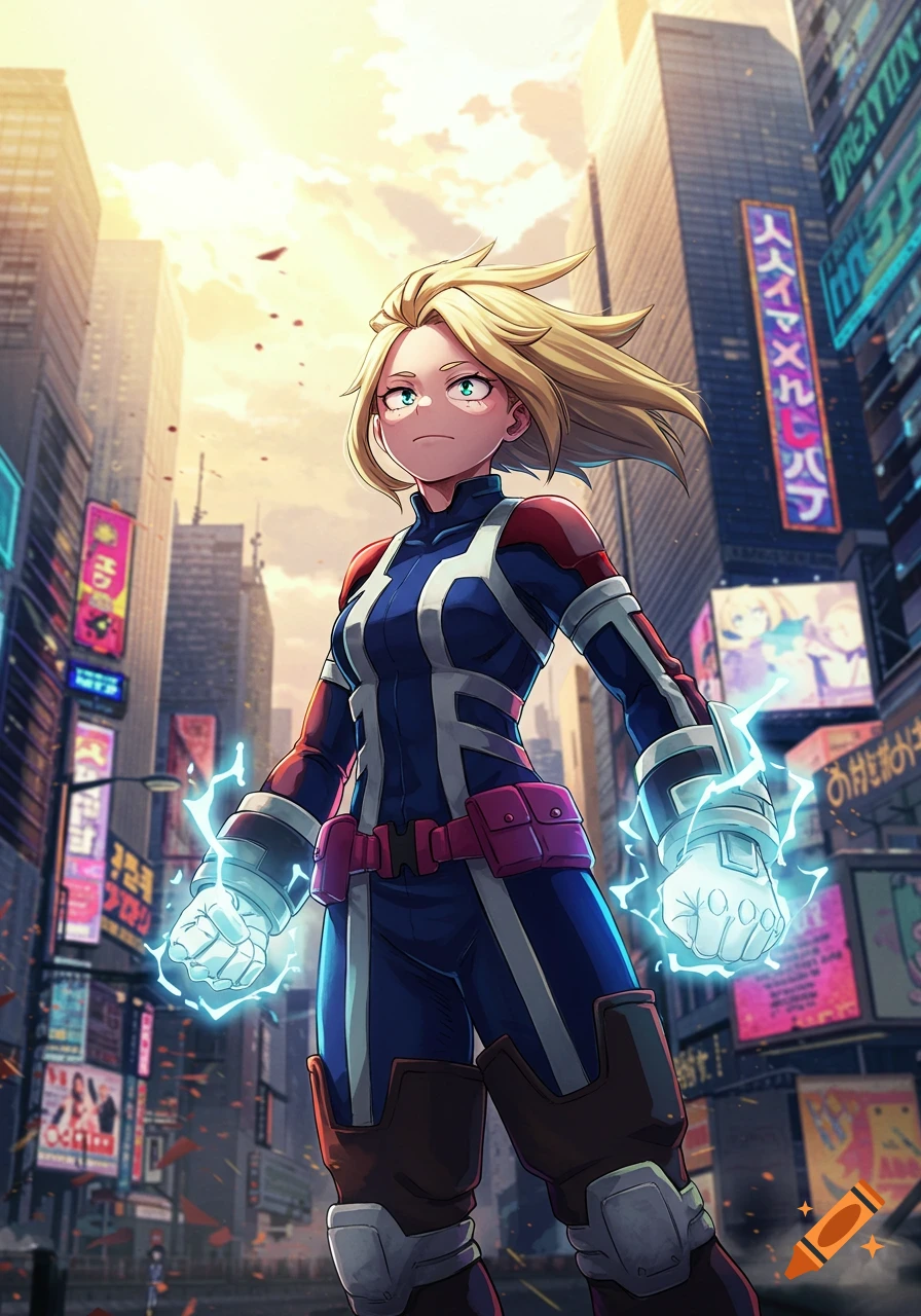 A blonde female anime hero in a blue, red, and white suit stands in a city street, hands glowing with electricity, looking determined.