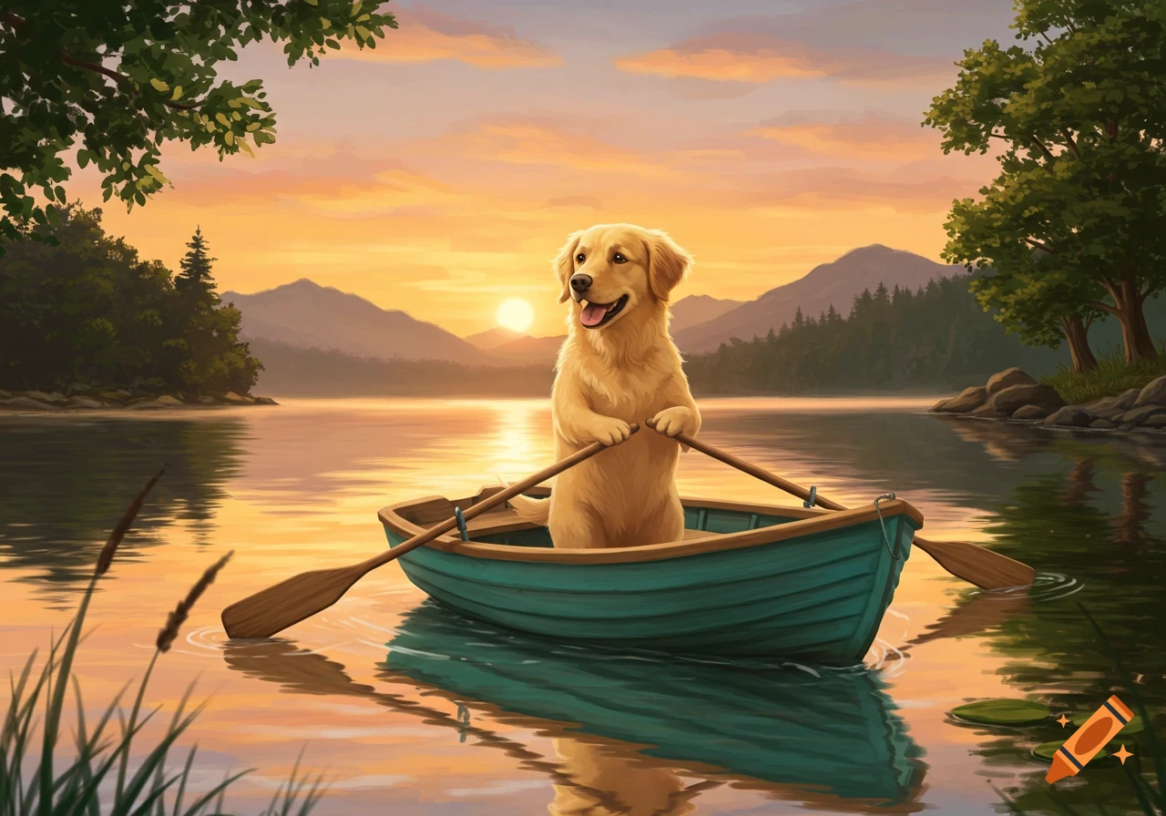 Golden retriever dog in a teal boat on a calm lake, holding oars against a vibrant sunset with mountains and trees, painterly.