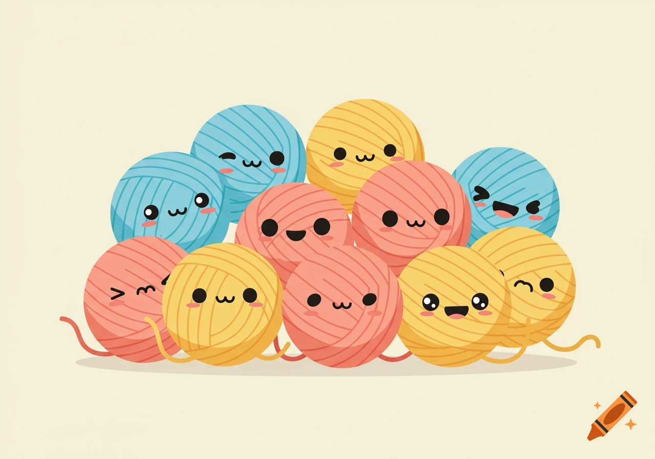 Pile of cute, colorful cartoon yarn balls with different expressive faces.